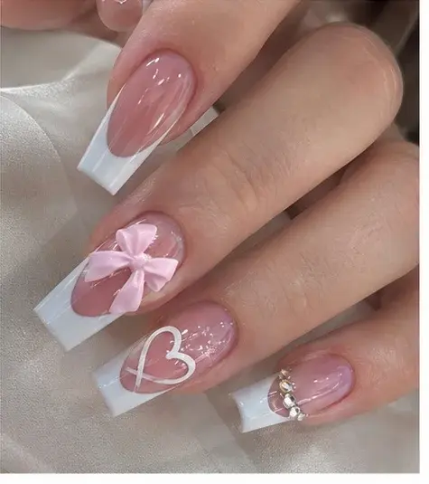 Pink Bow French Press-On Nails with Heart and Rhinestone Det - фото 6