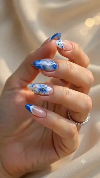 Modern Blue Floral Nail Design Inspiration - фото 1