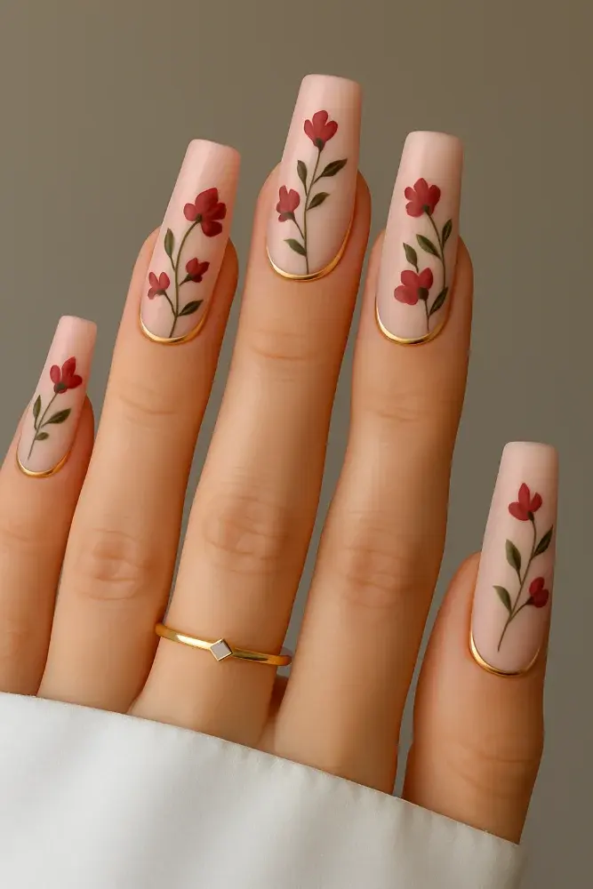Luxury Floral Nail Design | Nude Acrylic Nails with Red Flow - фото 1