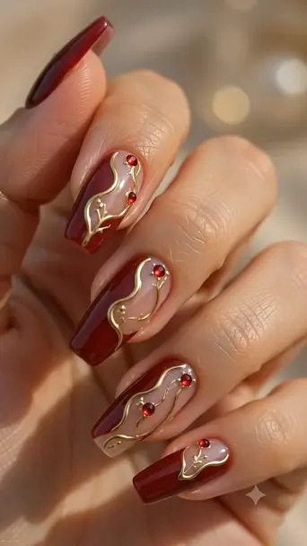 ✨ Elegant Burgundy Nail Design with Gold Details - фото 1