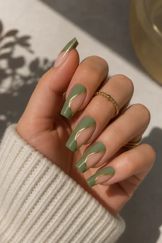 Elegant Sage Green & Gold Geometric Nail Design - фото 2