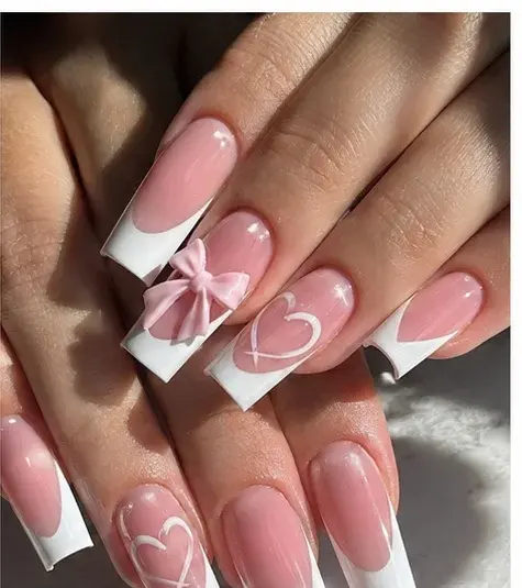 Pink Bow French Press-On Nails with Heart and Rhinestone Det - фото 3