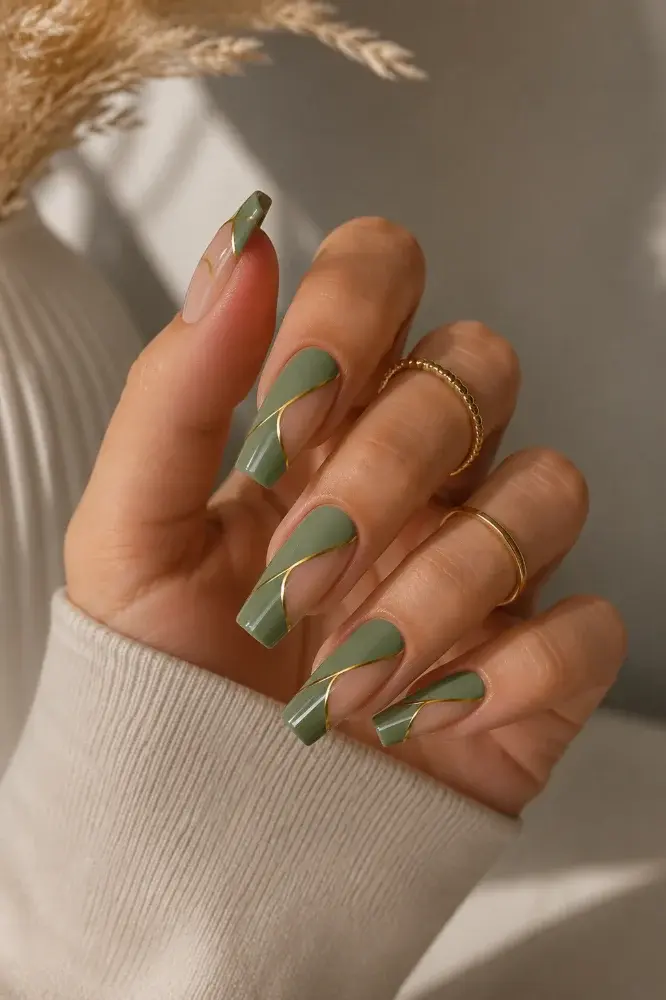 Elegant Sage Green & Gold Geometric Nail Design - фото 3