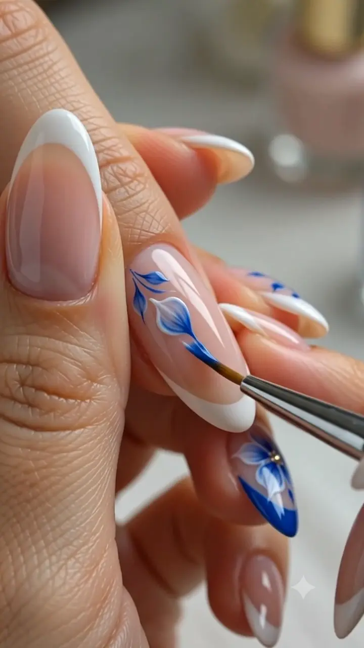 Blue Flowers + French Tips = Perfection 💙✨ - фото 1