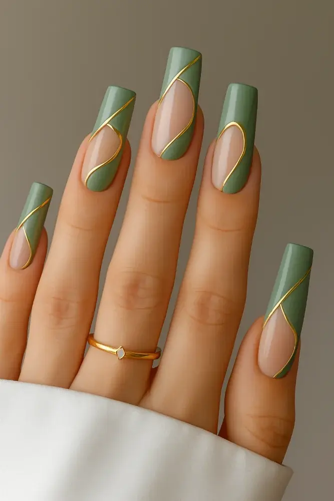 Elegant Sage Green & Gold Geometric Nail Design - фото 4