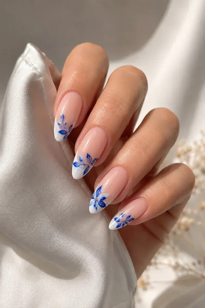 Blue Porcelain French Manicure | Elegant Almond Nails with W - фото 5