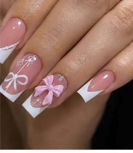 Pink Bow French Press-On Nails with Heart and Rhinestone Det - фото 5