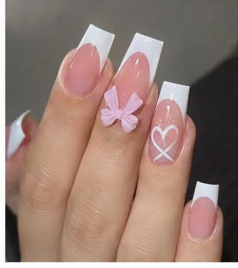 Pink Bow French Press-On Nails with Heart and Rhinestone Det - фото 4
