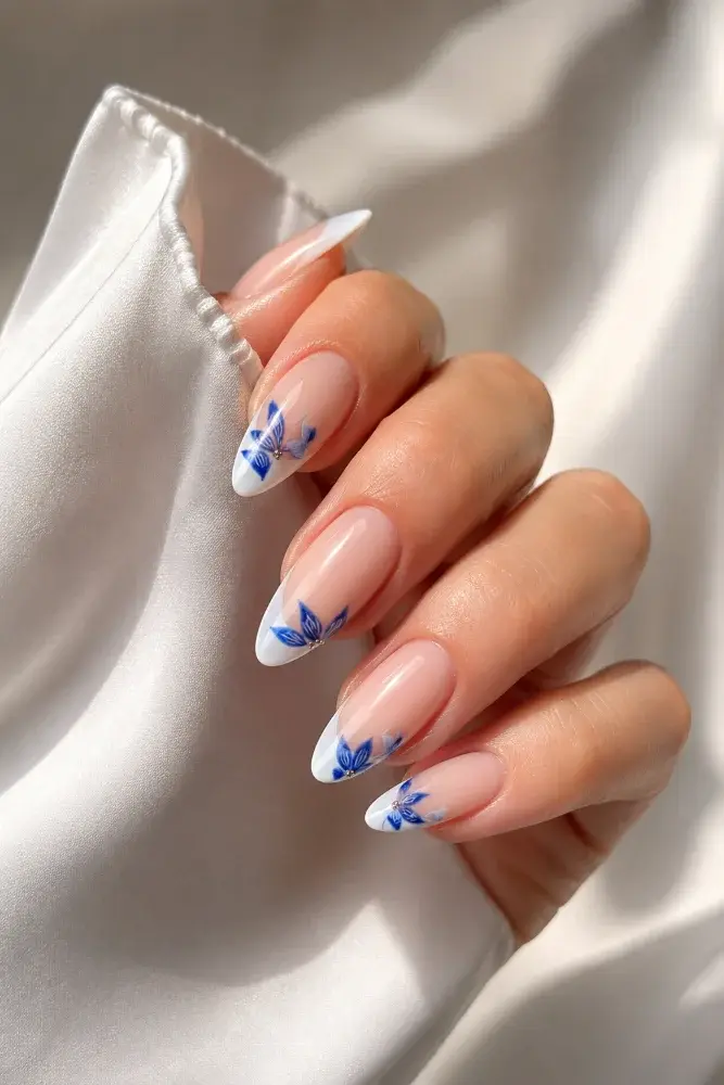 Blue Porcelain French Manicure | Elegant Almond Nails with W - фото 6