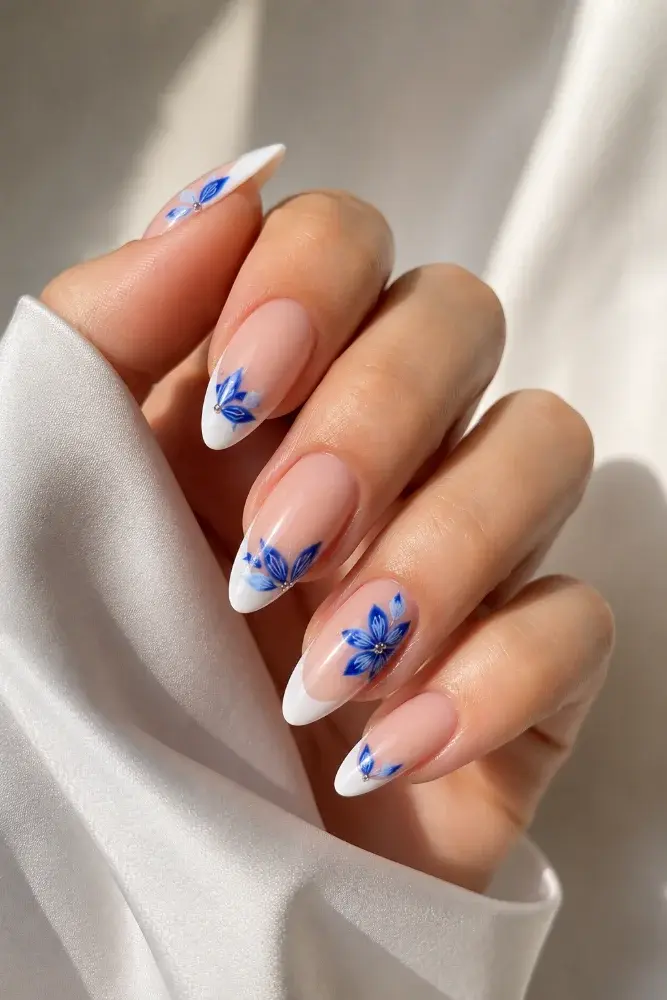 Blue Porcelain French Manicure | Elegant Almond Nails with W - фото 3