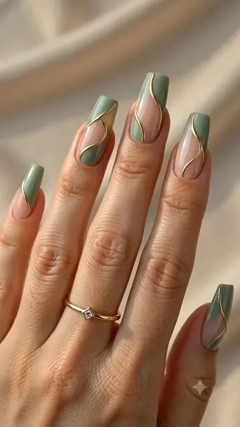 Luxury Sage Green Geometric Gel Manicure Inspiration - фото 1