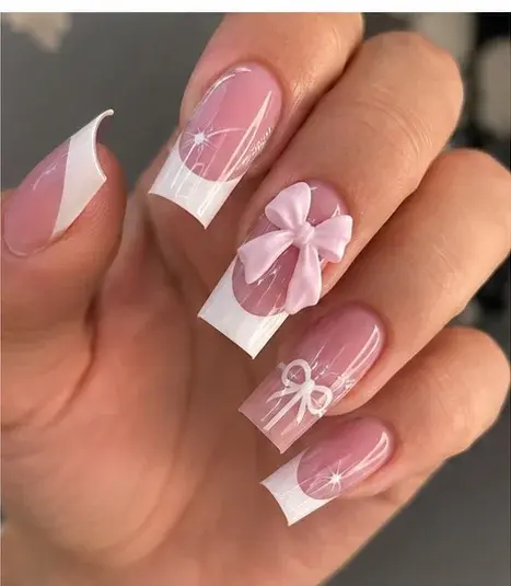 Pink Bow French Press-On Nails with Heart and Rhinestone Det - фото 1