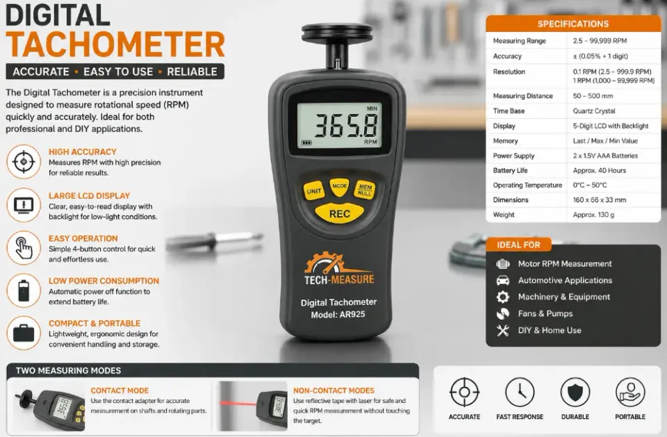 Digital Contact Tachometer AR925 – RPM Speed Measurement - фото 1