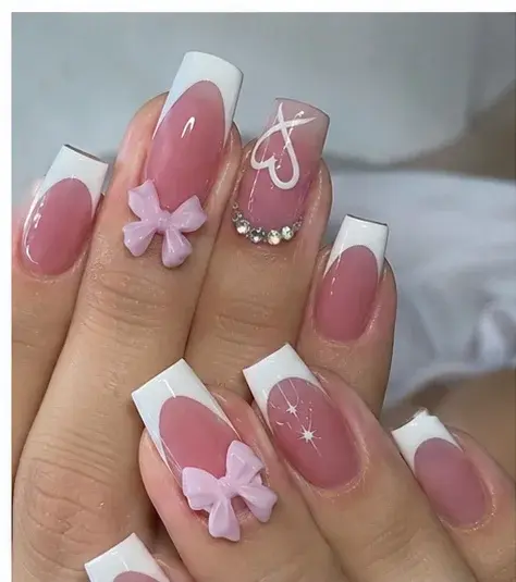 Pink Bow French Press-On Nails with Heart and Rhinestone Det - фото 2