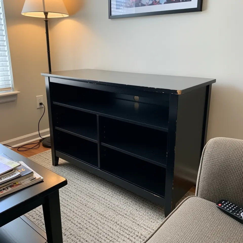 Black TV Stand with Shelves, Minor Wear - фото 1