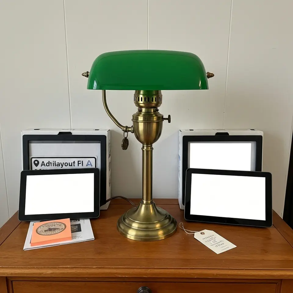 Antique Brass Table Lamp with Green Glass Shade - фото 1