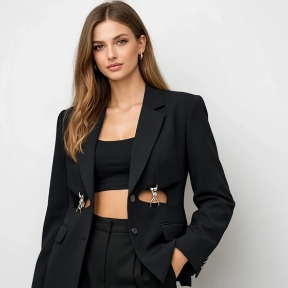 Чорний жакет з вирізами на талії - стиль, що підкреслює фігу