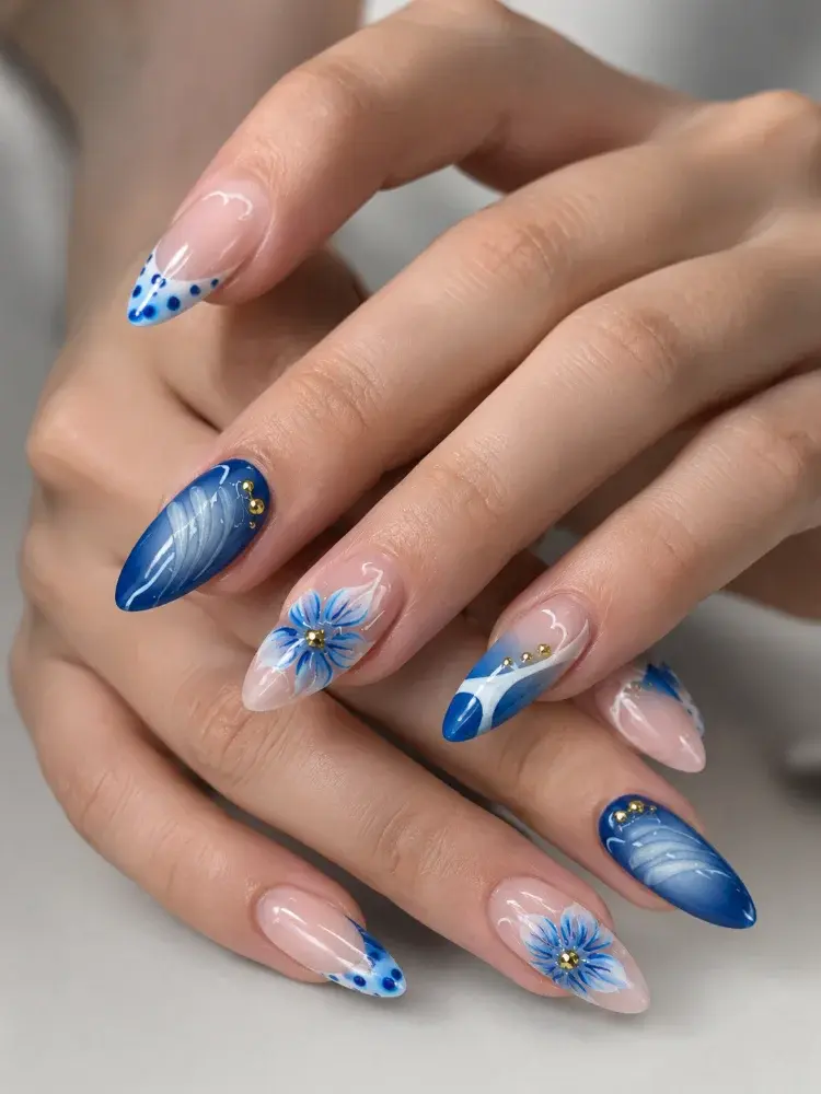 Blue Floral Almond Nails | Elegant Hand-Painted Nail Art Des - фото 4