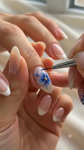 Blue Blossom French Manicure | Elegant Hand-Painted Nail Art - фото 2