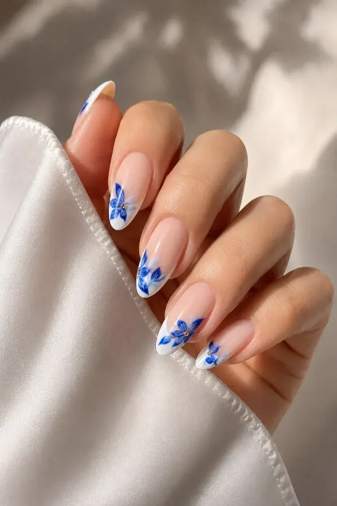Blue Porcelain French Manicure | Elegant Almond Nails with W - фото 4