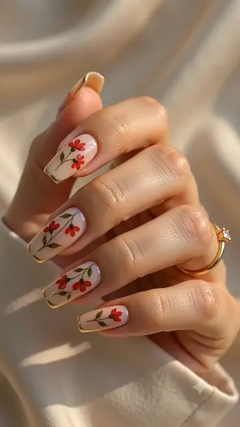 Luxury Floral Nail Design | Nude Acrylic Nails with Red Flow - фото 2