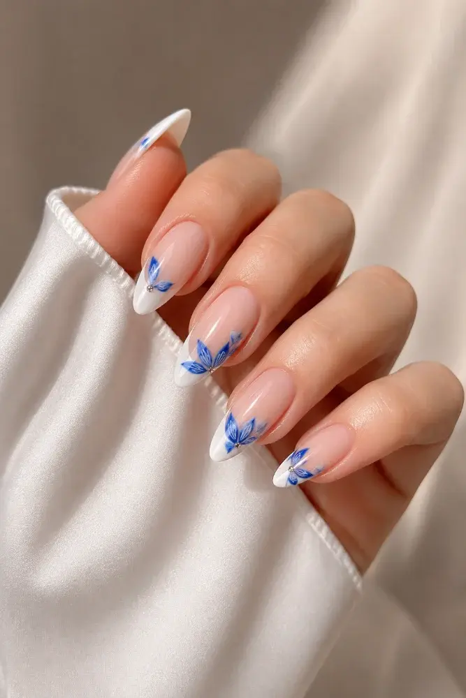 Blue Porcelain French Manicure | Elegant Almond Nails with W - фото 1